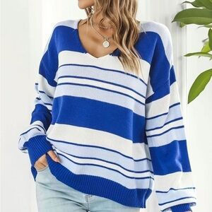 Womens Striped Pullover V Neck Sweater